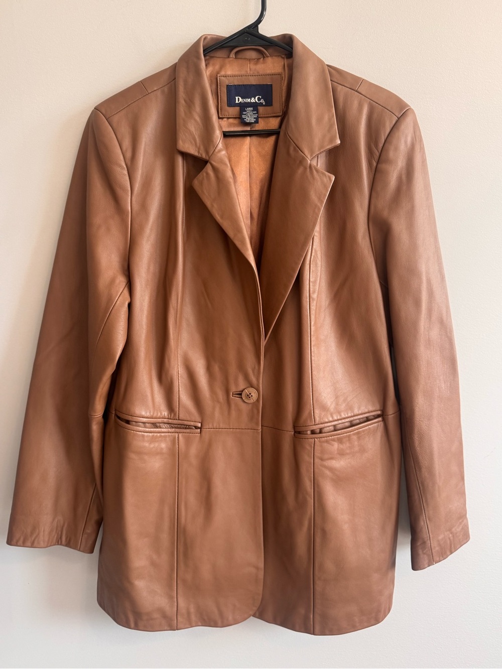 Denim & Co Women’s Large Brown 100% Leather Blazer Jacket Single Button